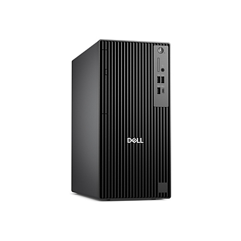 PC tour Dell noir sur fond blanc. Façade avant rainurée verticale avec logo Dell. Bouton d'alimentation, ports USB et autres ports.