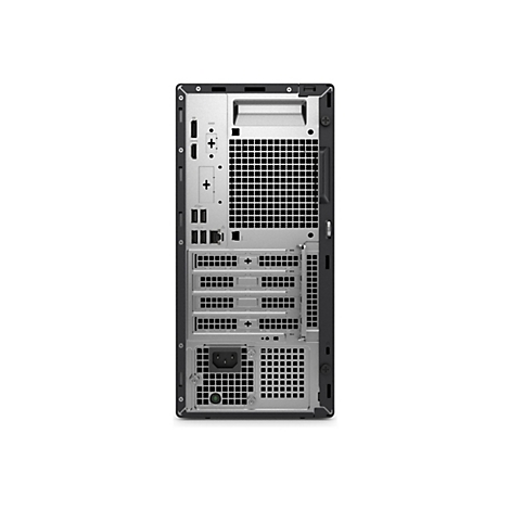 Rückansicht eines schwarzen Desktop-Computers mit Anschlüssen. Anschlüsse umfassen HDMI, USB und Stromanschluss.