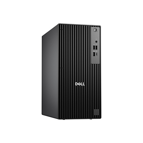 Ein schwarzer Dell-PC-Tower, Frontansicht. Auf der Vorderseite befinden sich Kühlrippen, das Dell-Logo und Anschlüsse.