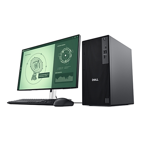 Ein schwarzer Dell-Desktop-PC mit Monitor, Tastatur und Maus. Der Monitor zeigt eine grafische Benutzeroberfläche mit Daten über Satellitenortung.