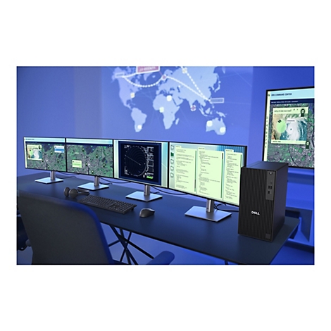 Un centre de commandement moderne avec plusieurs écrans visualisant des données et un PC tour Dell.