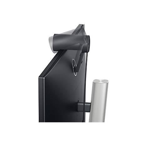 RÃ¼ckansicht eines schwarzen Monitors mit Webcam und silbernem StandfuÃŸ, Details.