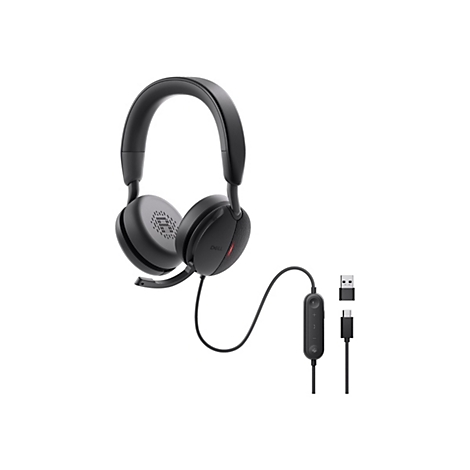 Casque Dell noir avec microphone, câble et deux connecteurs sur fond blanc.