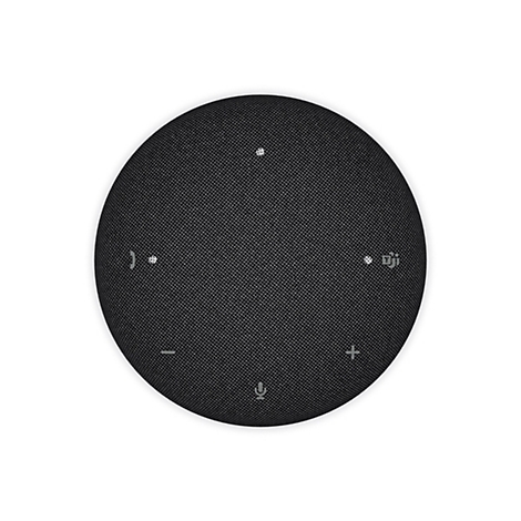 Haut-parleur rond et noir avec boutons de microphone, de volume et de sourdine.