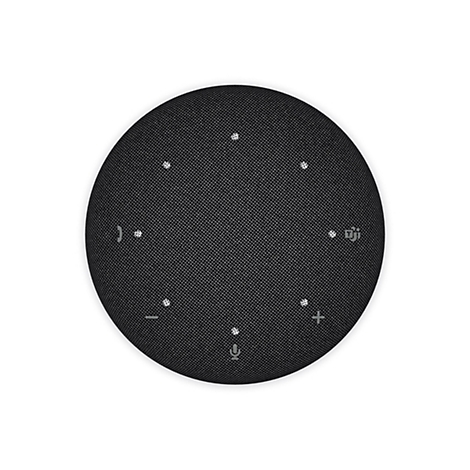 Haut-parleur rond et noir avec boutons de microphone et de volume. Sur fond blanc.