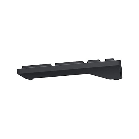 Schwarze Tastatur von der Seite. Tasten sind sichtbar.