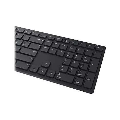 Schwarze Tastatur mit weißen Beschriftungen. Fokus auf den Ziffernblock und Pfeiltasten. Das Layout ist flach und modern.
