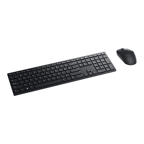 Draufsicht auf ein schwarzes kabelloses Keyboard und eine Maus auf weißem Hintergrund.