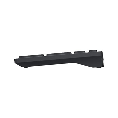 Schwarze Tastatur von der Seite gesehen. Die Tasten sind leicht gewölbt. Der Hintergrund ist weiß.