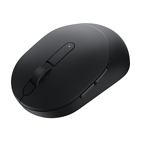 Schwarze, ergonomische Maus mit Scrollrad und zwei Seitentasten. Auf der Oberseite befindet sich eine kleine LED.