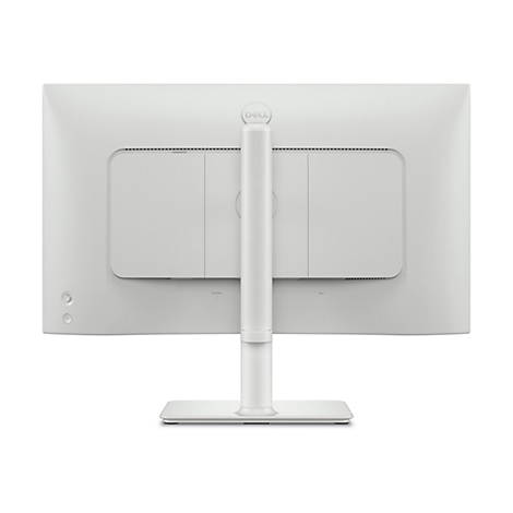 Rückansicht eines weißen Dell-Monitors. Ein Standfuß verbindet den Monitor mit dem Standfuß. Unten befinden sich Anschlüsse, oben ein Dell-Logo.