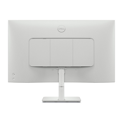 Rückseite eines weißen Dell-Monitors. Unten sind Anschlüsse, in der Mitte ein Logo.