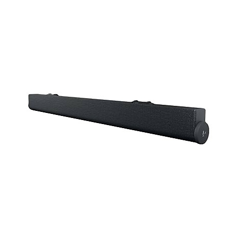 Schwarze Soundbar mit Stoffstruktur. Am Ende befindet sich ein runder Knopf mit Mikrofon-Symbol.