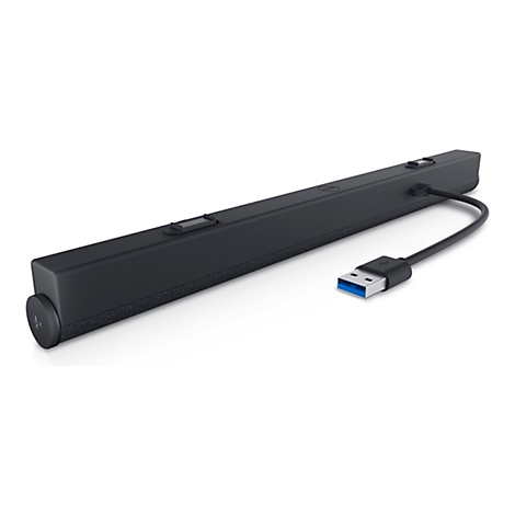 Schwarze Soundbar mit USB-Kabel. Zwei KnÃ¶pfe oben, runder Knopf an der Seite.