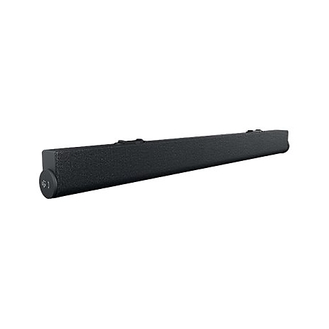 Lange, schwarze Soundbar. Sie hat eine leicht strukturierte Oberfläche, abgerundete Ecken und Knöpfe an der Seite.
