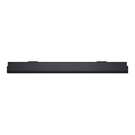 Dunkelgraue Soundbar, mittig auf weißem Grund. Die Soundbar ist länglich, mit Textur und Anschlüssen an den Enden.