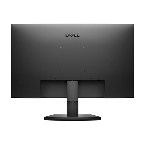 Rückansicht eines schwarzen Dell-Monitors mit dem Logo oben und Anschlüssen unten.