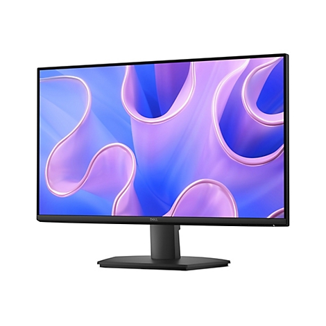Schwarzer Dell-Monitor vor weißem Hintergrund mit abstraktem lila-blauem Hintergrundbild.
