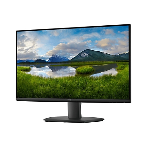 Ein schwarzer Monitor zeigt eine Landschaft mit Bergen, Seen und Gras. Der Dell-Schriftzug ist unten rechts.