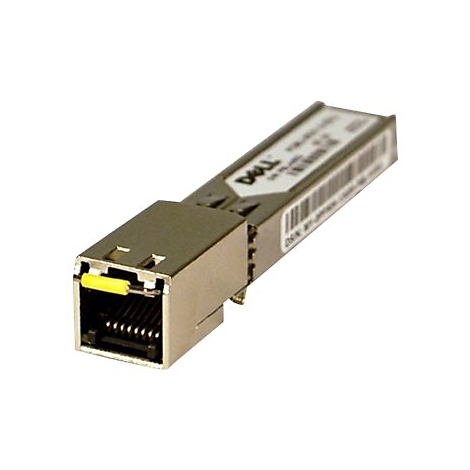 Ein graues DELL-Netzwerkmodul mit RJ45-Stecker, gelbem Einsatz und Barcode.