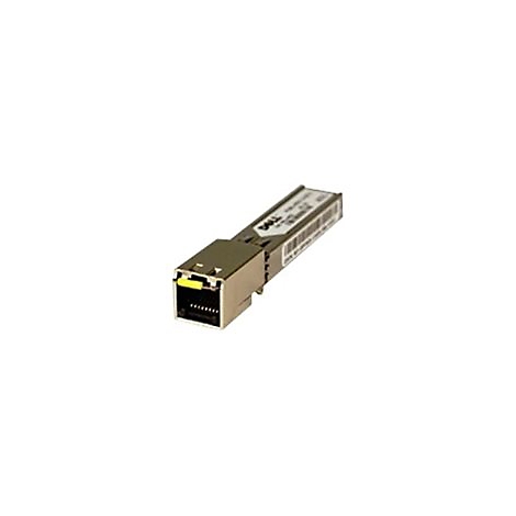 Ein silberner Dell SFP-Transceiver mit gelbem Anschluss und schwarzer Steckverbindung.