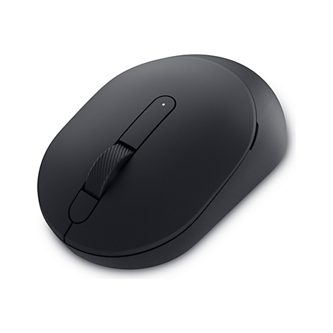 Vue de dessus d'une souris d'ordinateur sans fil noire sur fond blanc. La souris a une molette et un petit bouton.