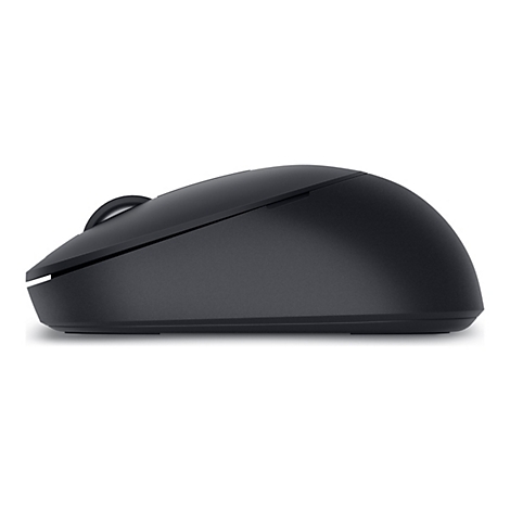 Souris d'ordinateur noire, vue de côté. Une molette de défilement est visible en haut.