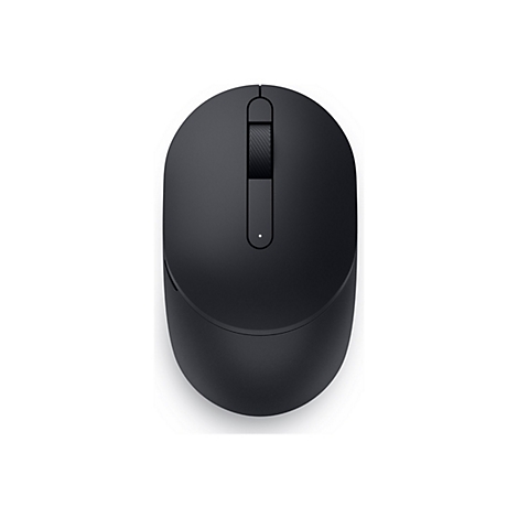 Vue de dessus d'une souris d'ordinateur noire sur fond blanc. La souris possède une molette de défilement et une petite LED.