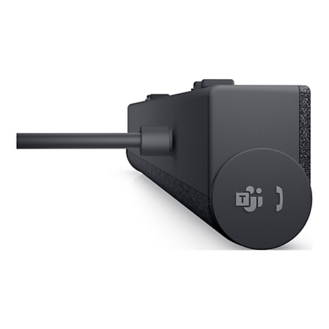 Gros plan sur une barre de son noire avec un bouton rond, un logo d'équipe et un câble. Le fond est blanc.