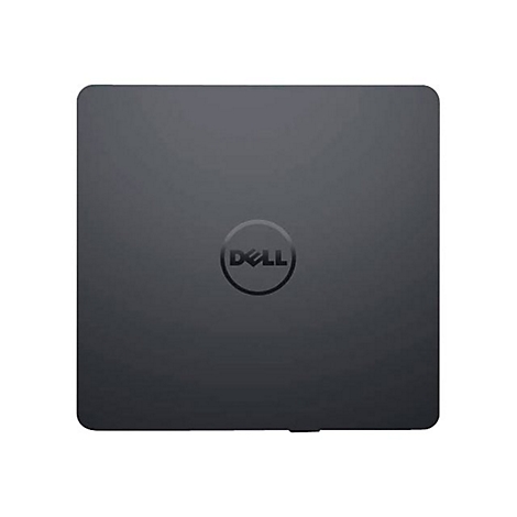 Dunkelgraues Laptop-Oberteil mit rundem Dell-Logo mittig.
