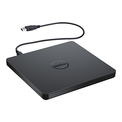 Schwarzes Dell DVD-Laufwerk, mit USB-Kabel, vor weißem Hintergrund. Das Dell-Logo ist auf dem Laufwerk zu sehen.
