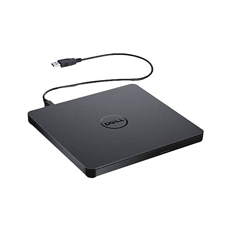 Schwarzes Dell-DVD-Laufwerk mit USB-Kabel. Auf der Oberseite ist das Dell-Logo zu sehen.