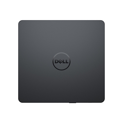 Dunkelgraues Laptop-Gehäuse, darauf das Dell-Logo in einem Kreis.