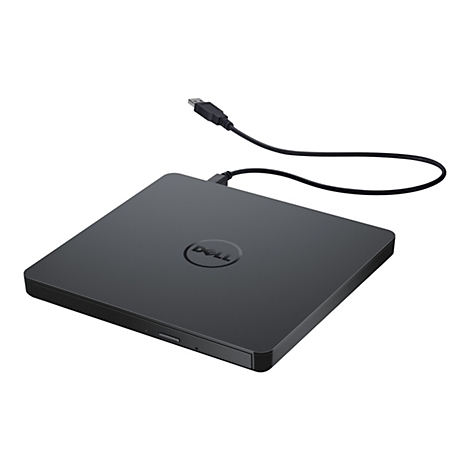 Schwarzes Dell-DVD-Laufwerk mit angeschlossenem USB-Kabel. Auf dem Laufwerk ist das Dell-Logo.