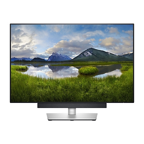 Ein Dell Monitor, der ein Landschaftsbild mit Bergen, Wasser und Gras zeigt. Der Monitor hat einen schwarzen Rahmen, eine schwarze Soundleiste und einen silbernen Standfuß.