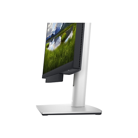Seitenansicht eines schlanken Monitors, der auf einem silbernen Ständer steht. Der Bildschirm zeigt eine Landschaft mit Bergen, Wasser und grünem Gras.