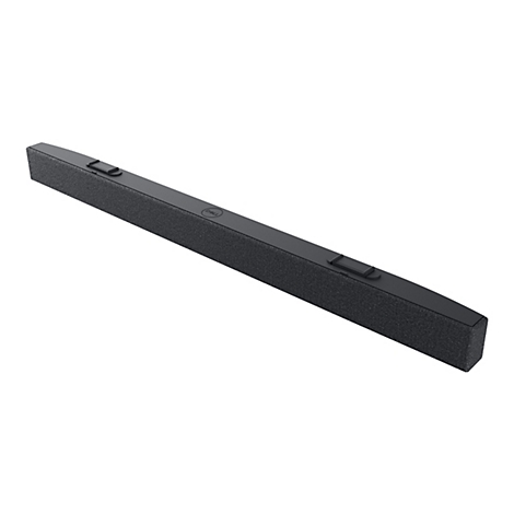 Schwarze Soundbar, texturiert und rechteckig, mit Dell-Logo.