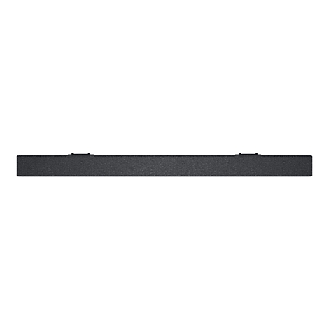 Dunkelgraue Soundbar mit zwei Halterungen auf weißem Hintergrund.