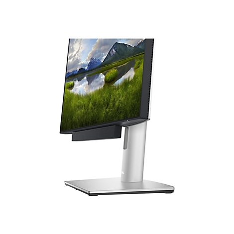 Ein Dell Monitor mit silbernem Standfuß und einer integrierten Soundbar zeigt eine Berglandschaft am See.