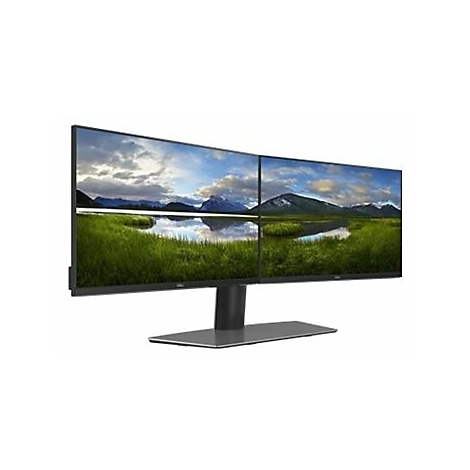 Double moniteur avec image de paysage sur fond blanc. L'écran est noir, avec un cadre épais. L'écran est rempli d'un panorama de montagnes.