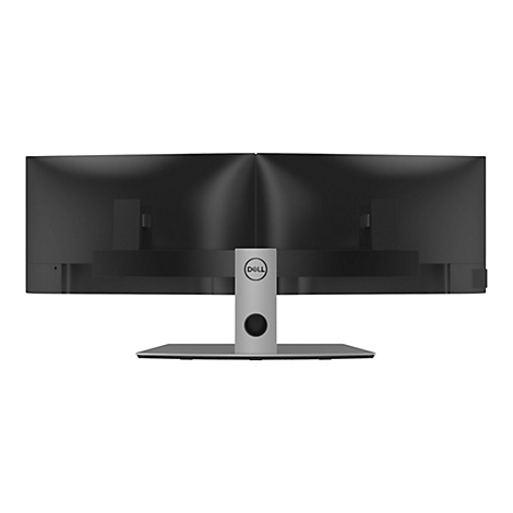 Arrière d'un moniteur Dell noir sur fond blanc. Le moniteur a un pied argenté avec un bouton circulaire et le logo Dell.