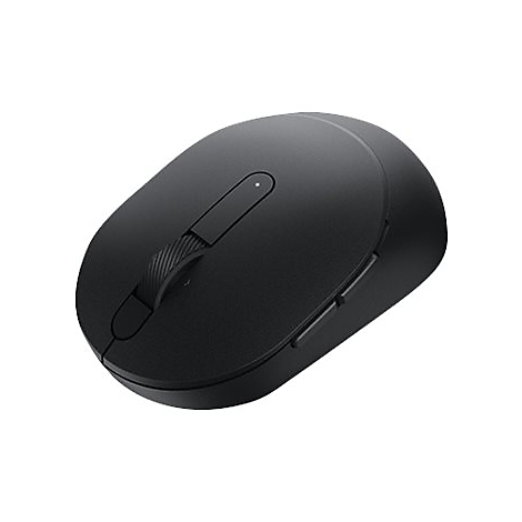 Souris d'ordinateur sans fil noire, avec molette de défilement et deux boutons latéraux.