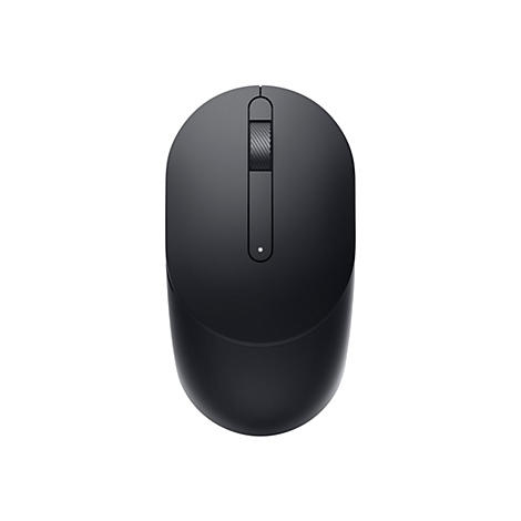 Souris d'ordinateur noire et ergonomique sur fond blanc. Au-dessus de la molette, un renfoncement, en dessous, une petite LED.