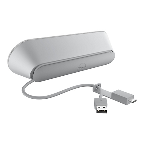 Haut-parleur gris clair avec logo Dell. Comprend un câble USB.