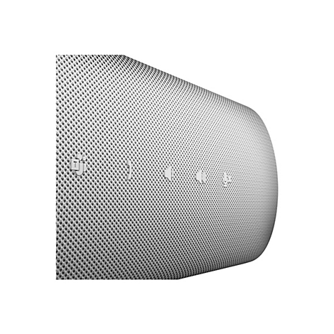 Gros plan d'un haut-parleur blanc avec des commandes blanches et une surface en tissu perforé. Symboles : équipe, téléphone, haut-parleur et microphone.