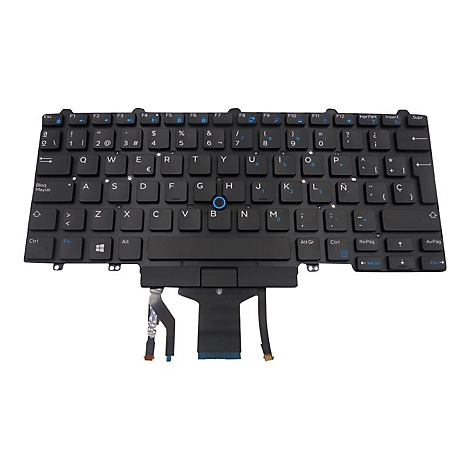 Schwarze Laptop-Tastatur mit Buchstaben und Symbolen. Unten Kabel und Anschlüsse.
