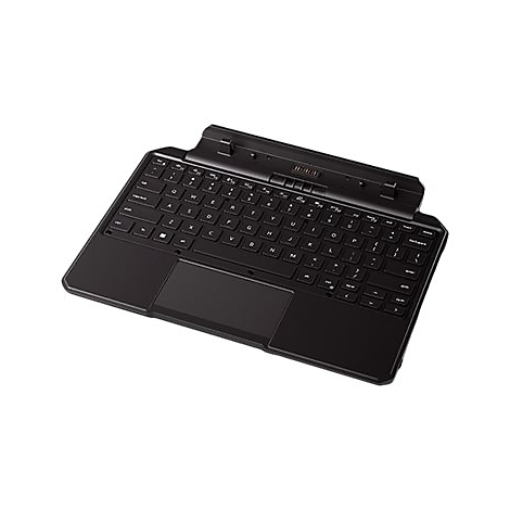 Schwarze Tastatur-Dockingstation für ein Tablet mit Touchpad und Anschlussleiste vor weißem Hintergrund.