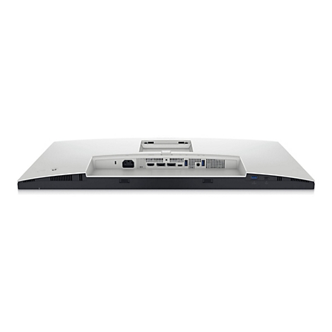 Rückseite eines weißen Monitors mit Anschlüssen, u.a. für Strom, HDMI, USB. Der Monitor steht vor weißem Hintergrund.