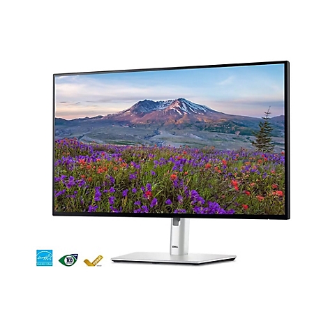 Monitor mit Berglandschaft, Standfuß, schwarzer Rahmen. Unten links sind Logos.