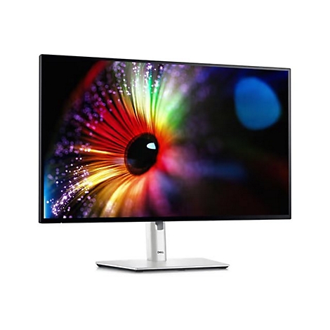 Dell Monitor mit einem farbenfrohen, abstrakten Hintergrund, weißer Ständer, Frontansicht.